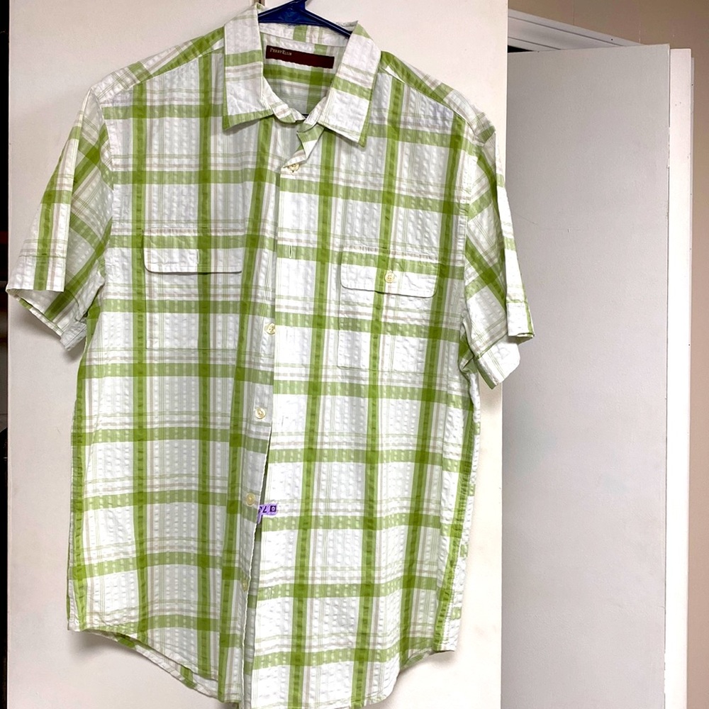 Perry Ellis green white cotton shirt size L